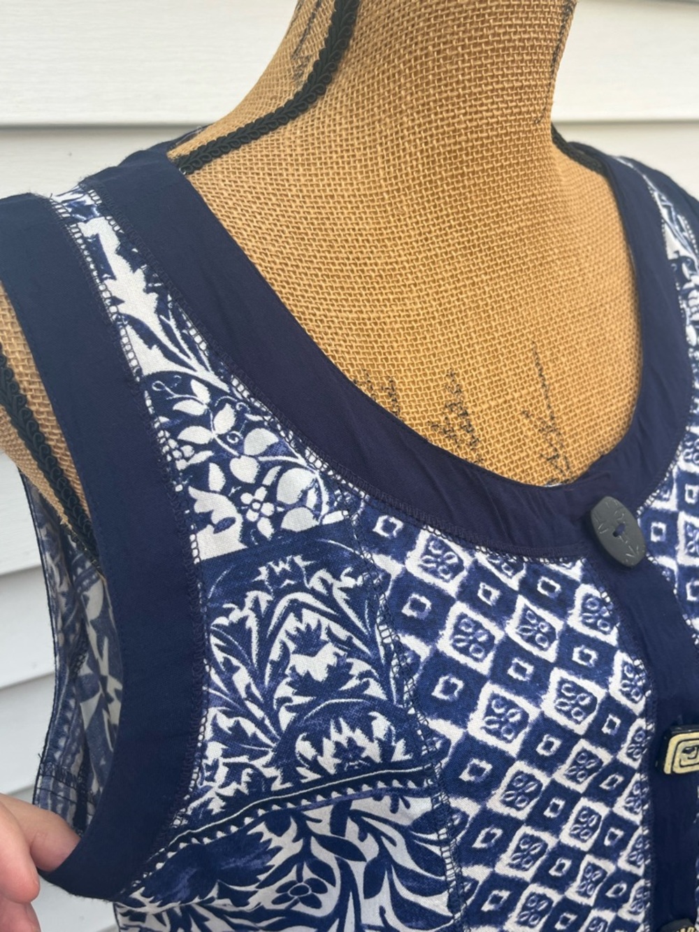 Vermont Country Store Midi Shift Dress Boho Button Front Blue White Size Large - Picture 5 of 12